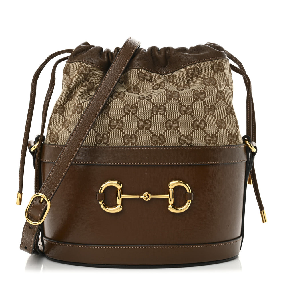 Monogram Textured Calfskin Horsebit 1955 Drawstring Bucket Bag Beige Brown Sugar