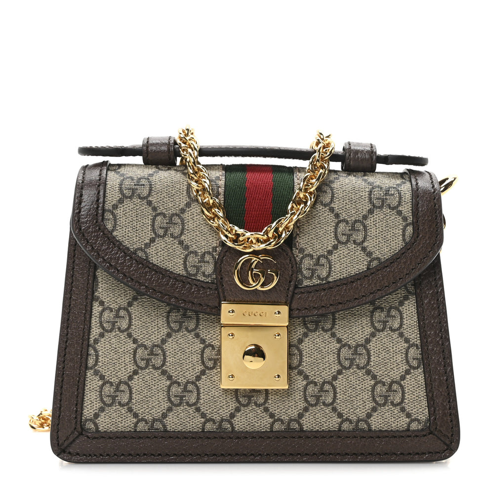 GG Supreme Monogram Textured Dollar Calfskin Web Mini Ophidia Padlock Top Handle Chain Shoulder Bag Beige Ebony New Acero