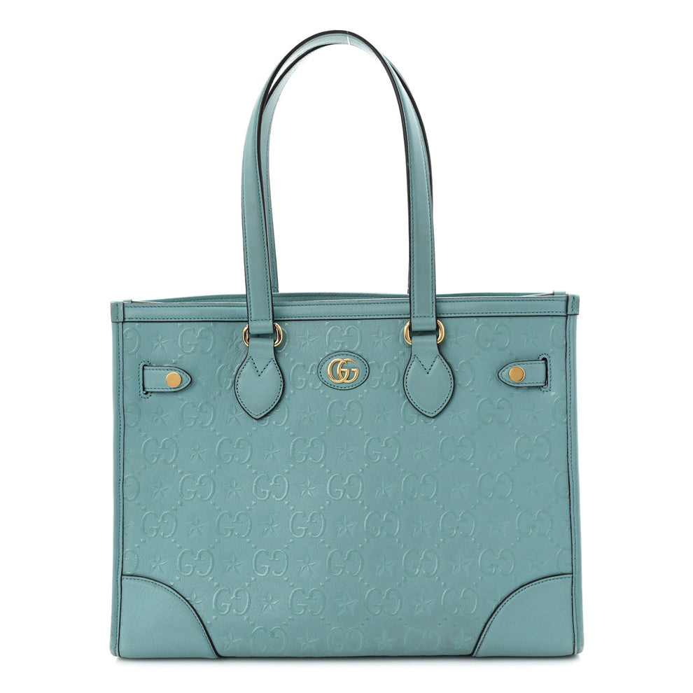 Wonka Grain Calfskin GG Monogram Star Embossed Medium GG Tote Dusty Azure