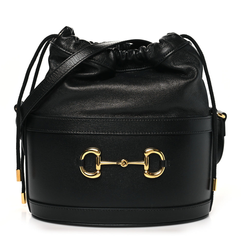 Azalea Sakai Calfskin Horsebit 1955 Drawstring Bucket Bag Black