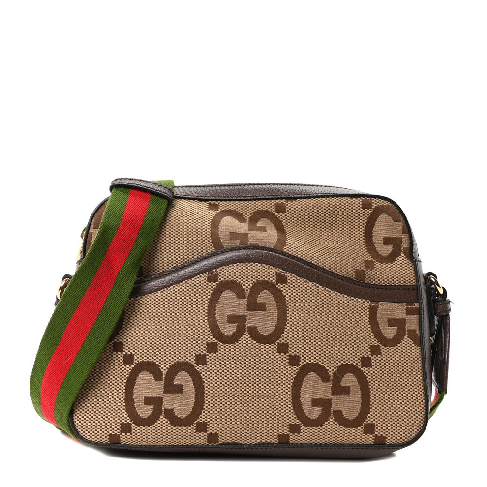 Monogram Jumbo GG Textured Dollar Calfskin Web Messenger Shoulder Bag Camel Ebony New Acero