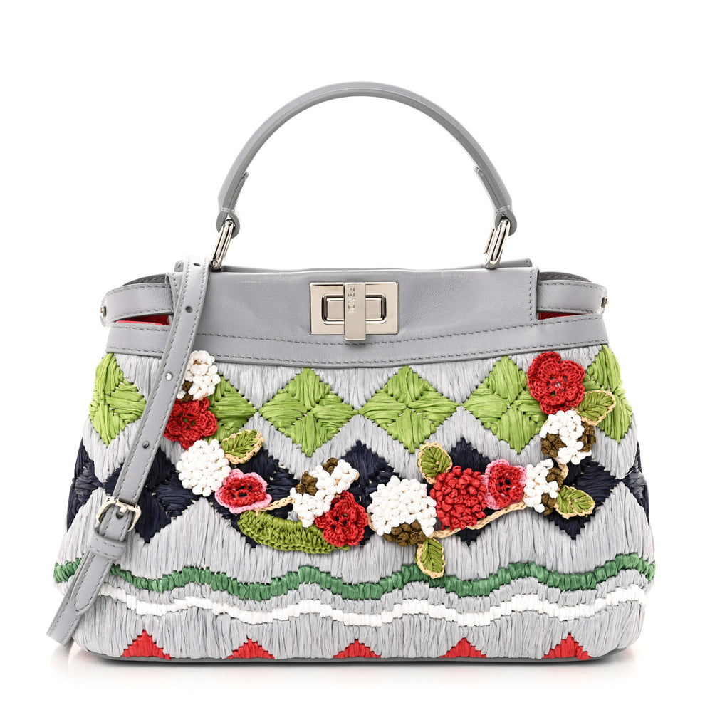 Nappa Raffia Embroidered Mini Peekaboo Iconic Satchel Grey Multicolor