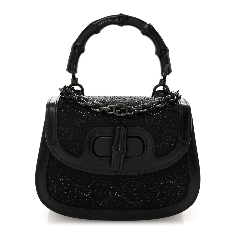 Moire Fabric Calfskin Rhinestone Monogram Monochrome Mini Bamboo 1947 Top Handle Chain Bag Black