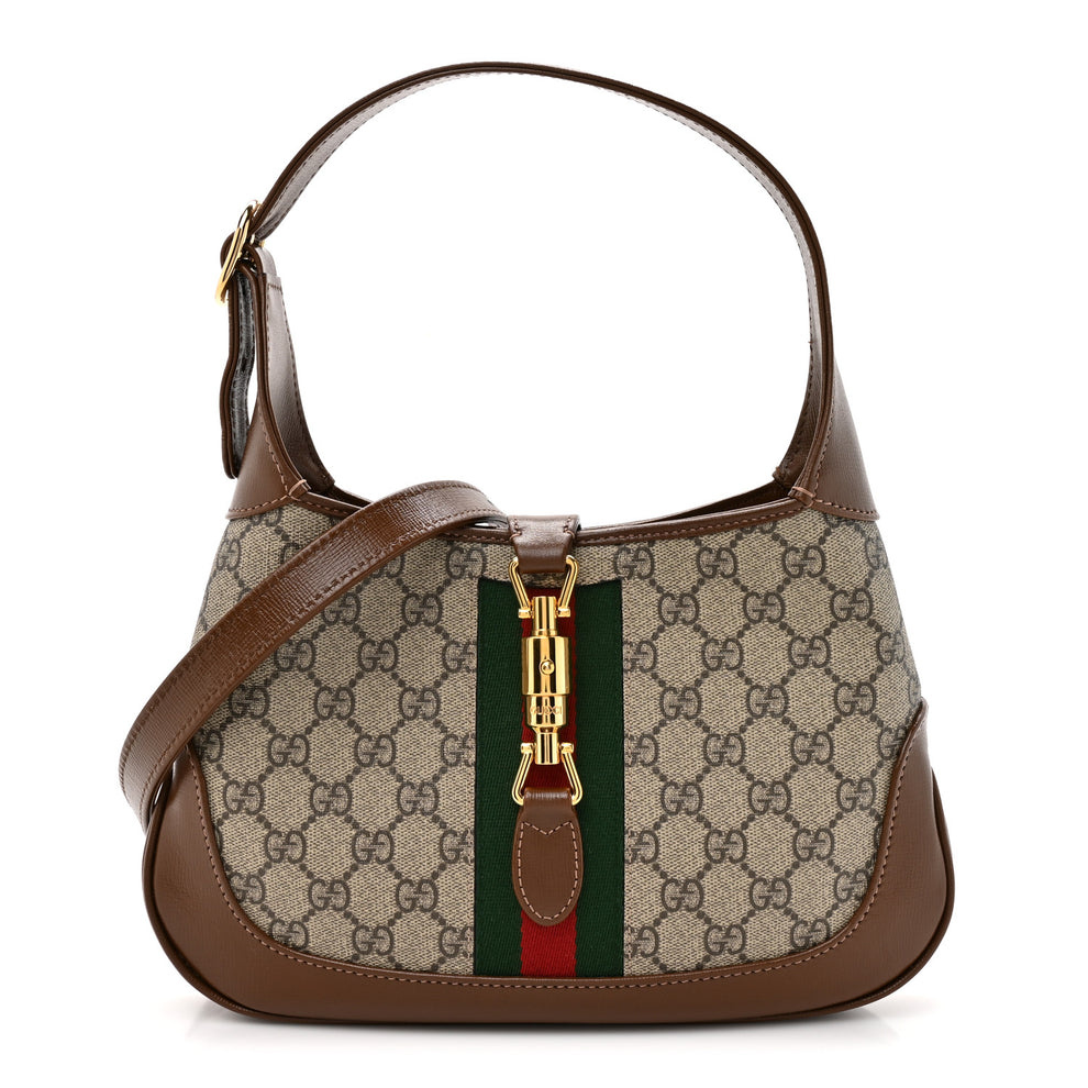 GG Supreme Monogram Azalea Calfskin Web Small Jackie 1961 Hobo Beige Ebony Brown Sugar