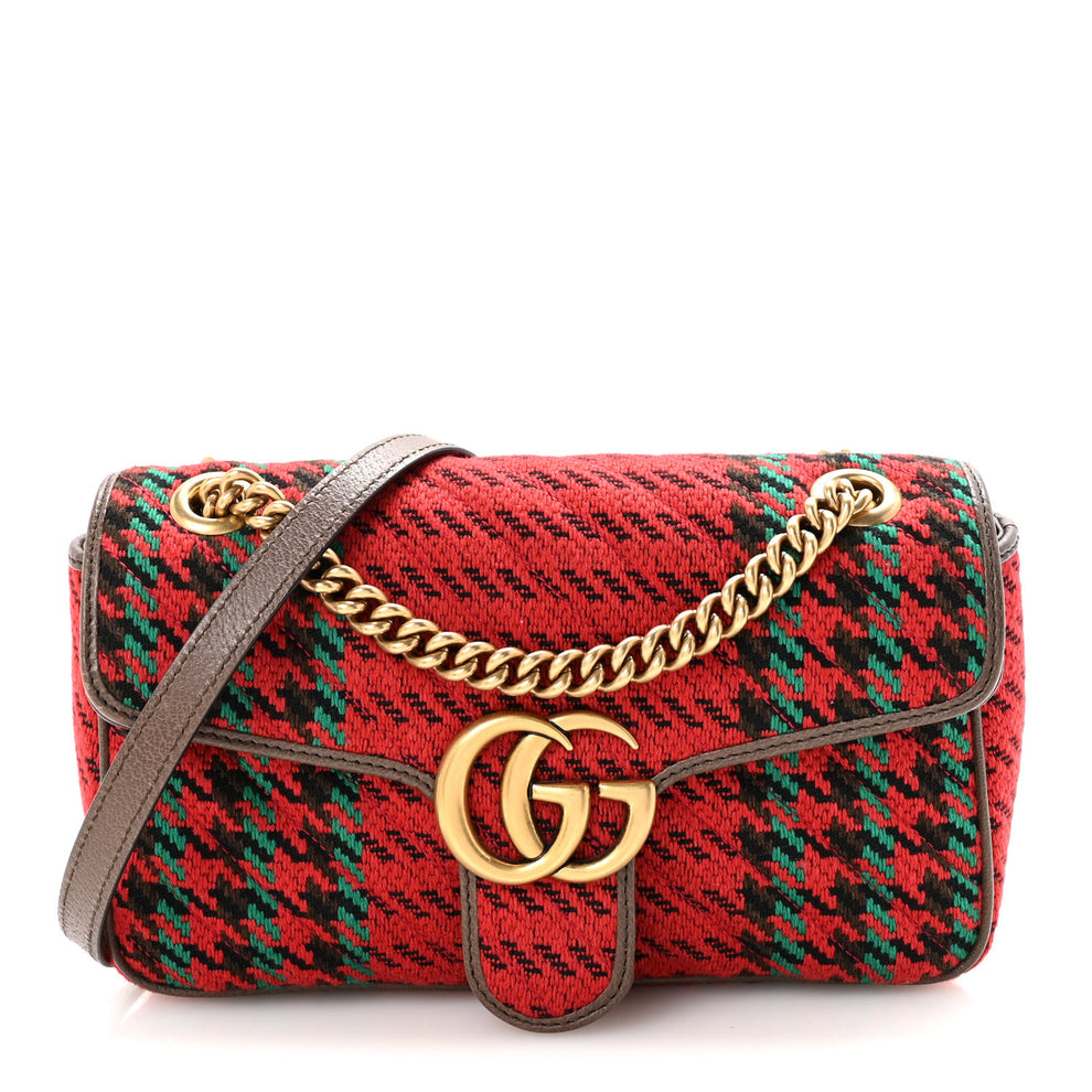 Wool Tweed Textured Dollar Calfskin Matelasse Diagonal Plaid Small GG Marmont Shoulder Bag Red Green Multicolor New Acero