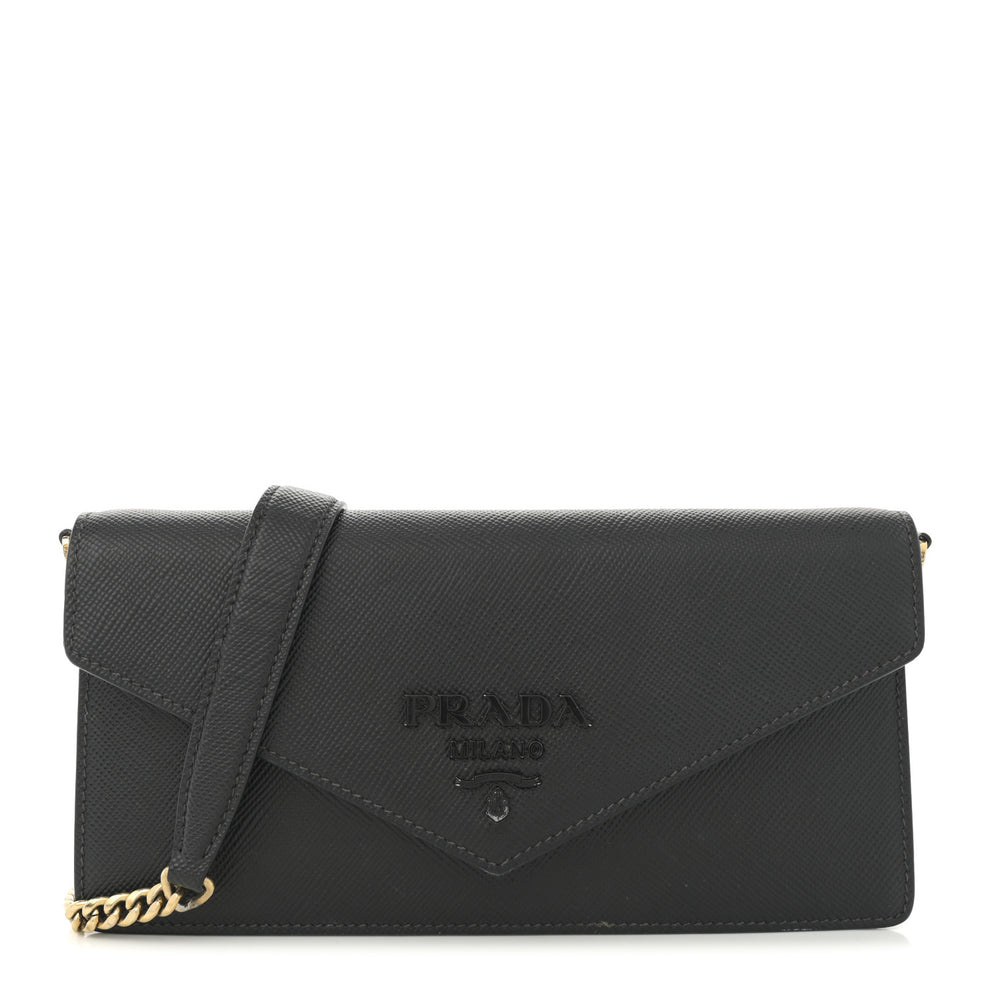 Saffiano Cuir Calfskin Monochrome Envelope Wallet on Chain Shoulder Bag Black