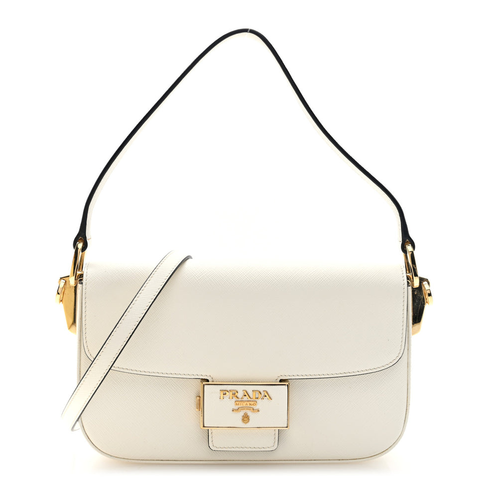 Saffiano Lux Embleme Flap Shoulder Bag White