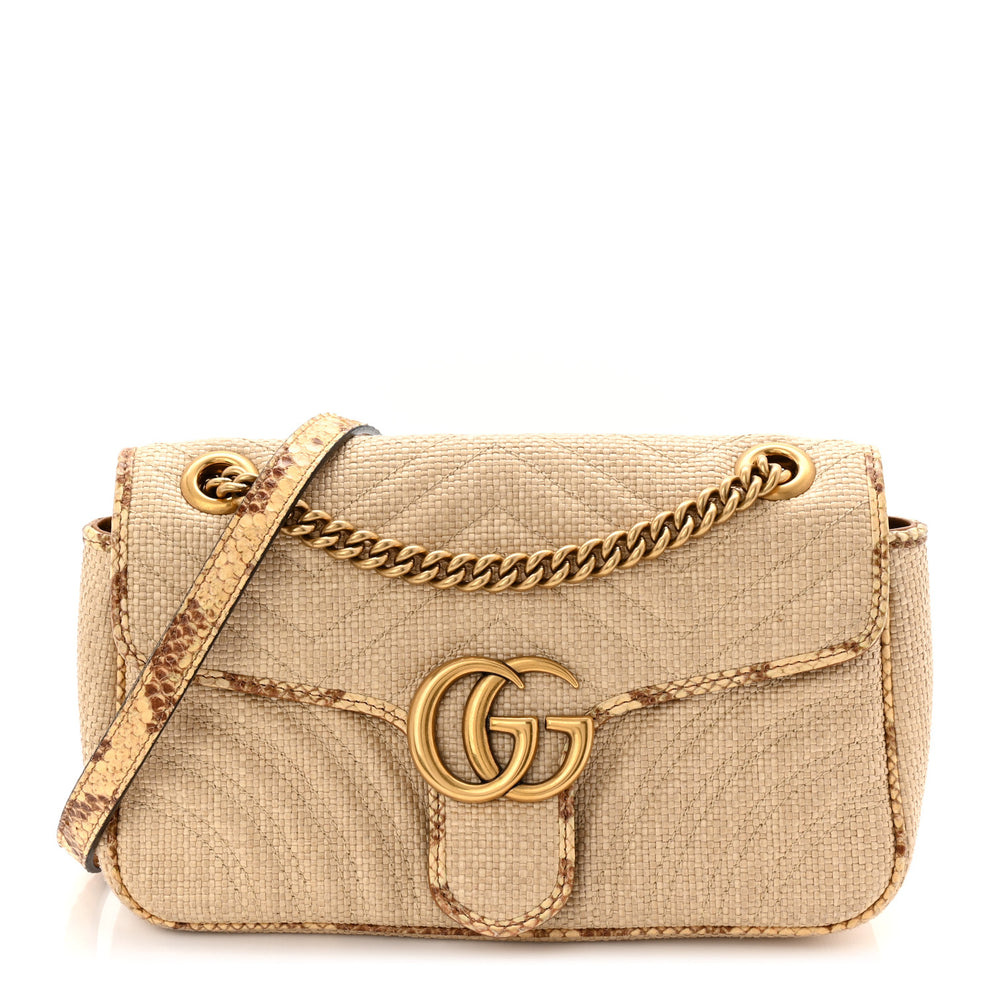 Raffia Elaphe Matelasse Small GG Marmont Shoulder Bag Natural Cream Brown