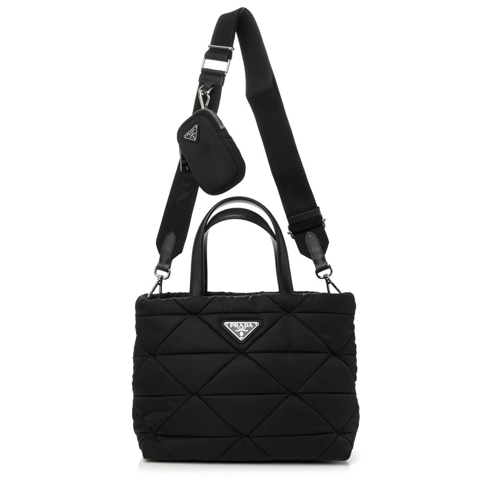 Re-Nylon Nappa Triangle Quilted Padded Double Handled Zip Pocket Tote Black