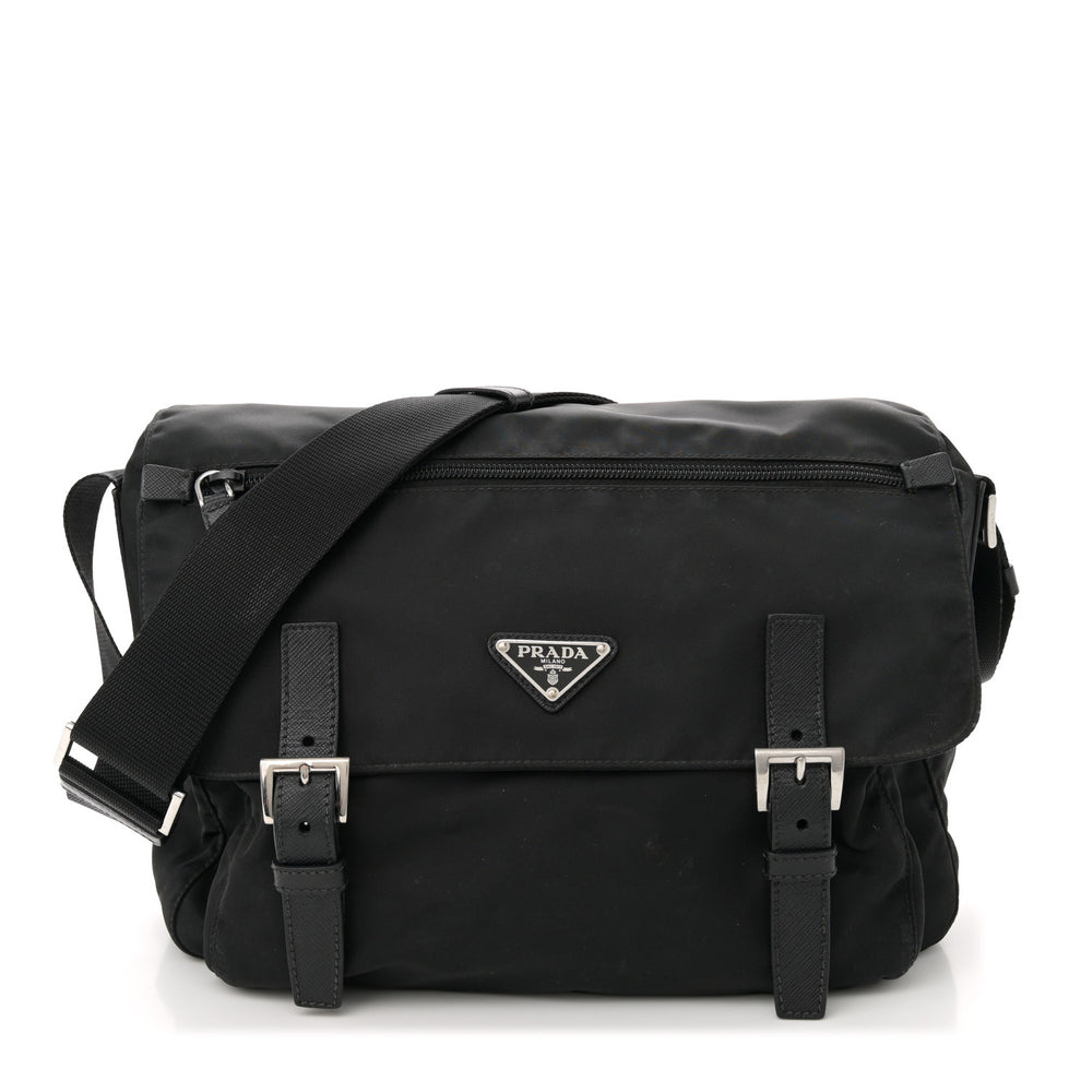 Tessuto Nylon Saffiano Double Buckle Messenger Shoulder Bag Black