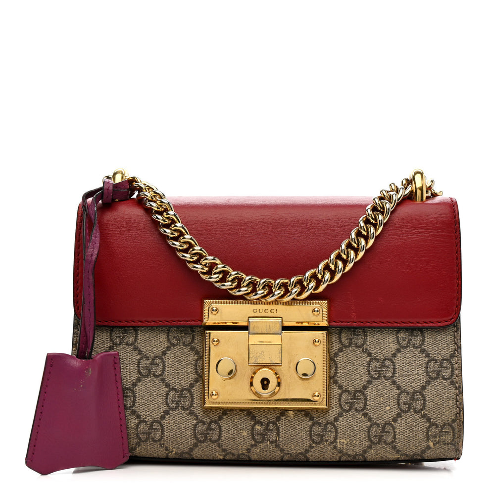 GG Supreme Monogram Calfskin Small Padlock Shoulder Bag Beige Hibiscus Red New Rosette