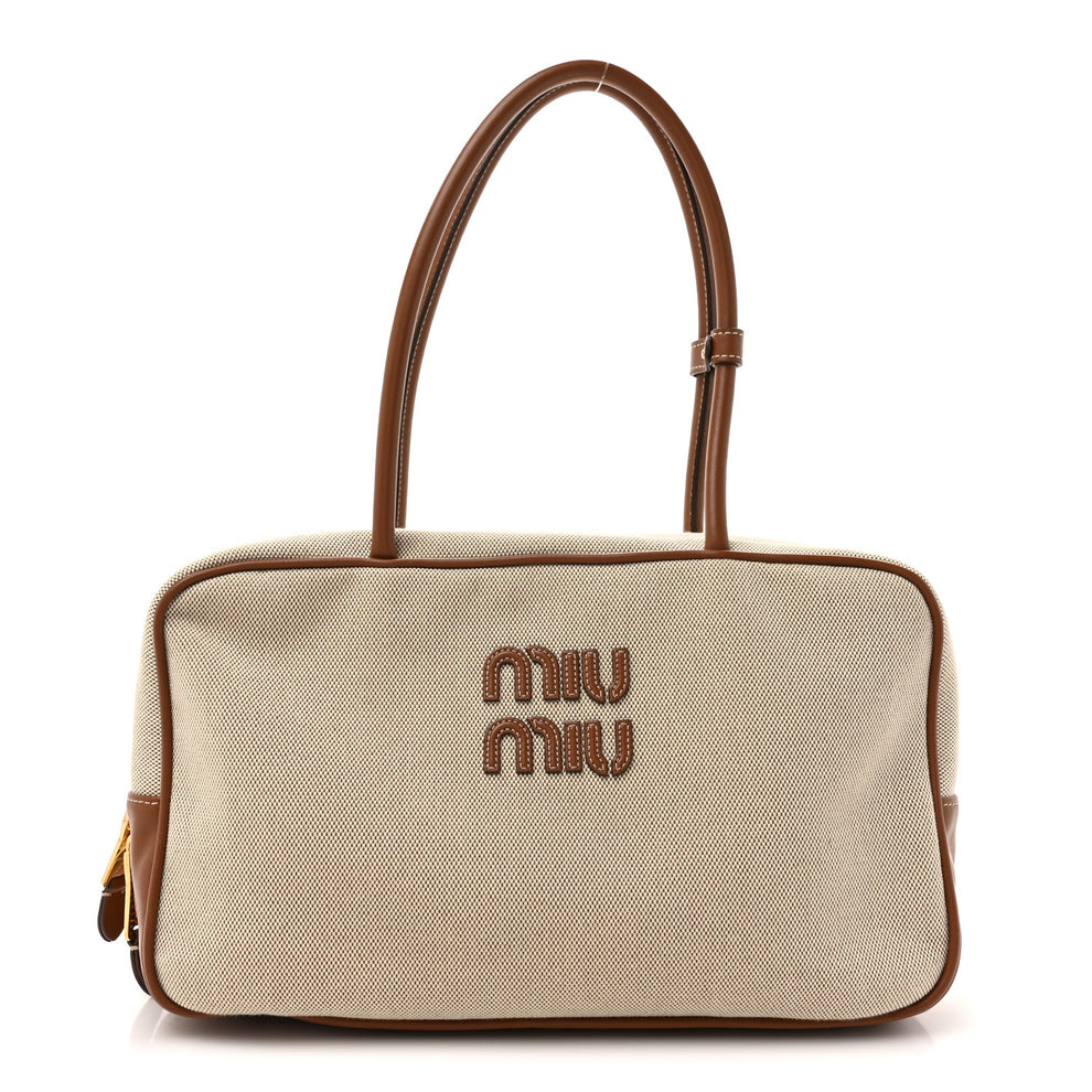 Canvas Calfskin Large Beau Top Handle Bag Naturale Brandy