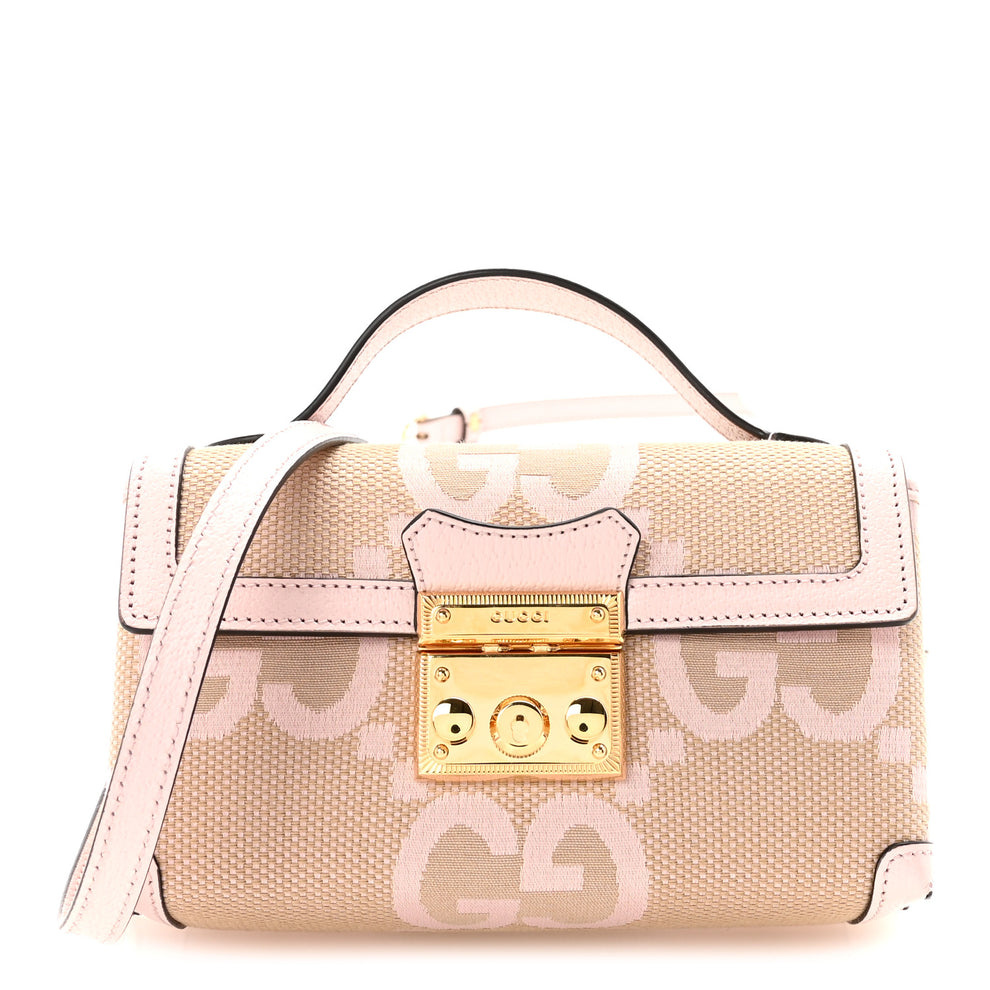 Monogram Jumbo GG Textured Dollar Calfskin Mini Padlock Top Handle Shoulder Bag Beige Perfect Pink