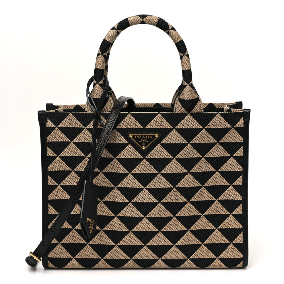 Jacquard Saffiano Triangolo Symbole Embroidered Small Tote Black Corda