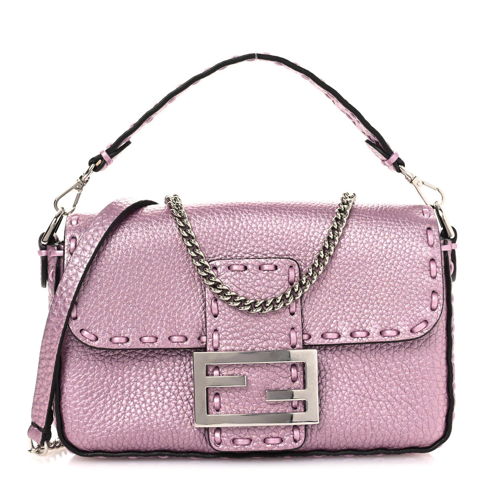 Metallic Cuoio Roma Sellerissima Nappa Sintetica Tape Stitch Mini Baguette Rosa Placca Argento