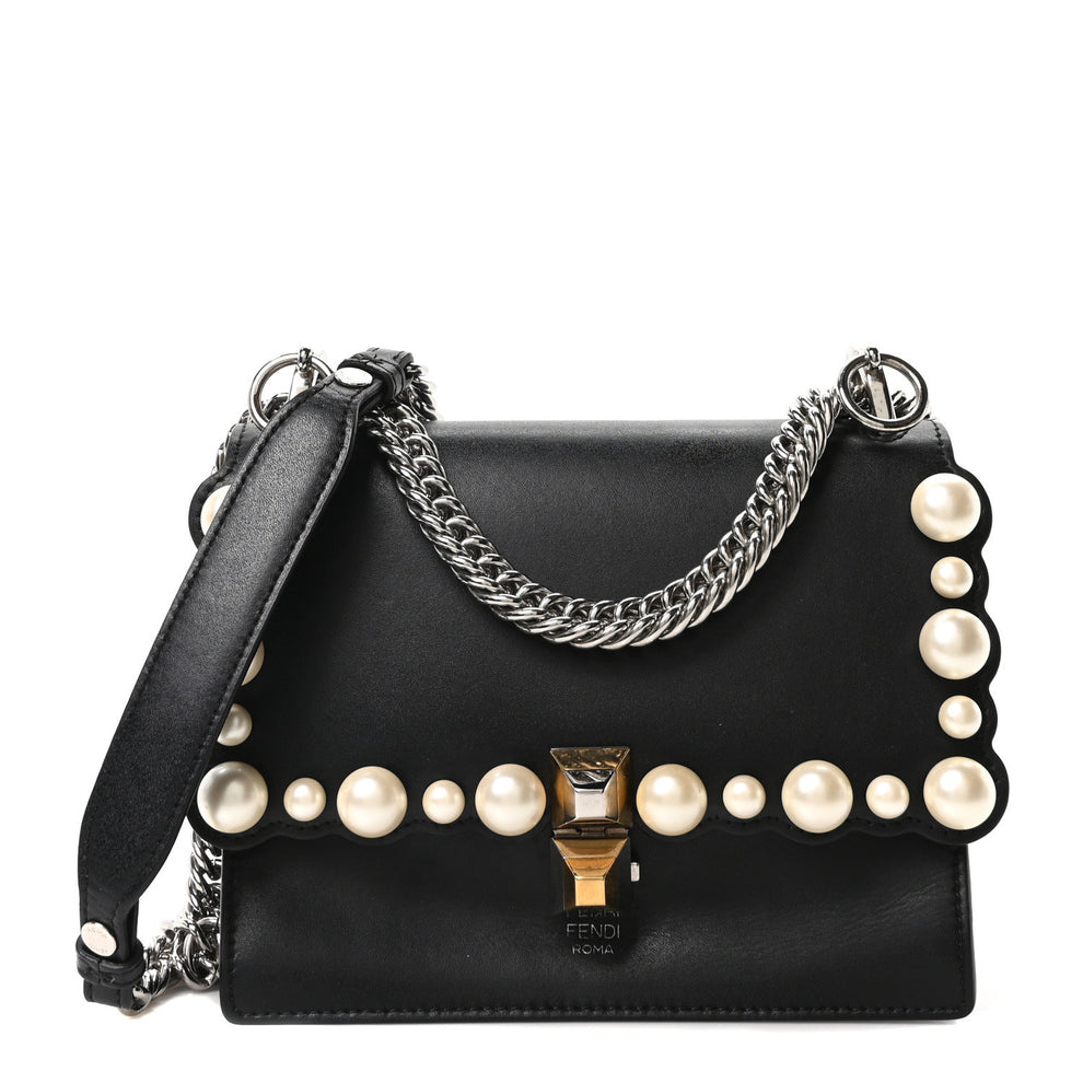 Vitello Liberty Pearl Scalloped Studded Small Kan I Shoulder Bag Black