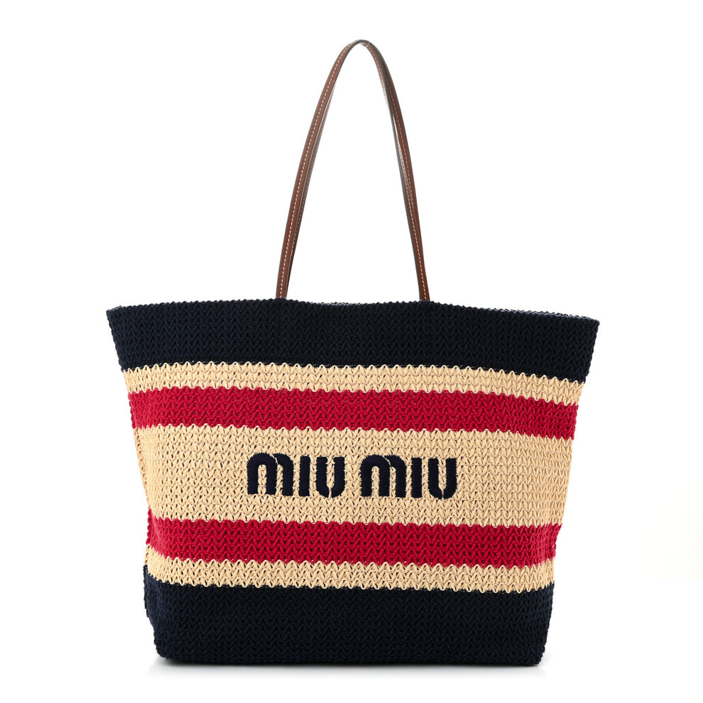 Raffia Crochet Stripe Tote Natural Blue