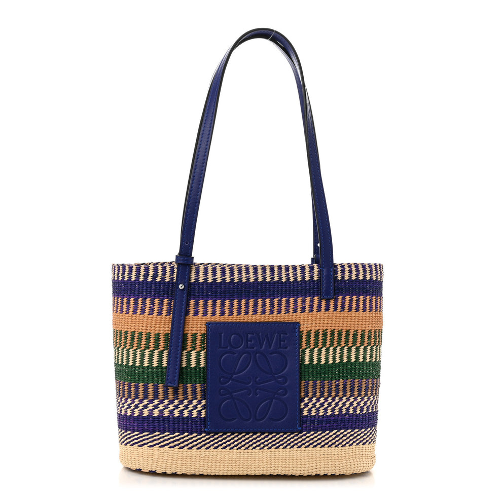 Raffia Small Square Basket Tote Bag Blue Multicolor