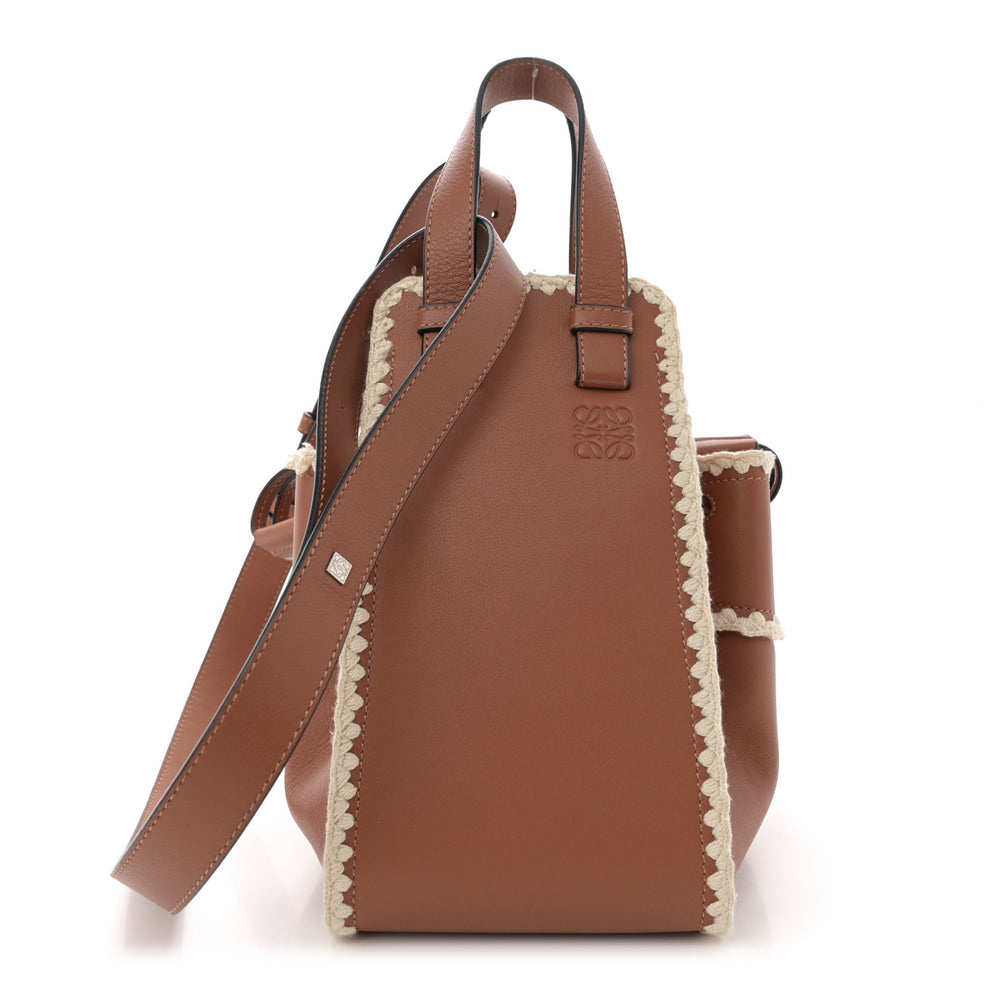 Calfskin Small Crochet Trim Hammock Shoulder Bag Tan