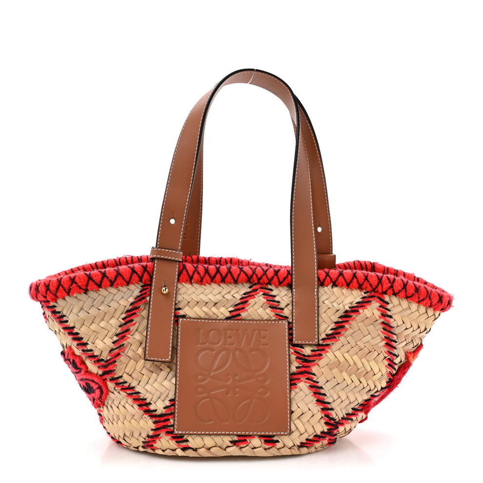 Embroidered Raffia Basket Tote Bag Natural Tan Red