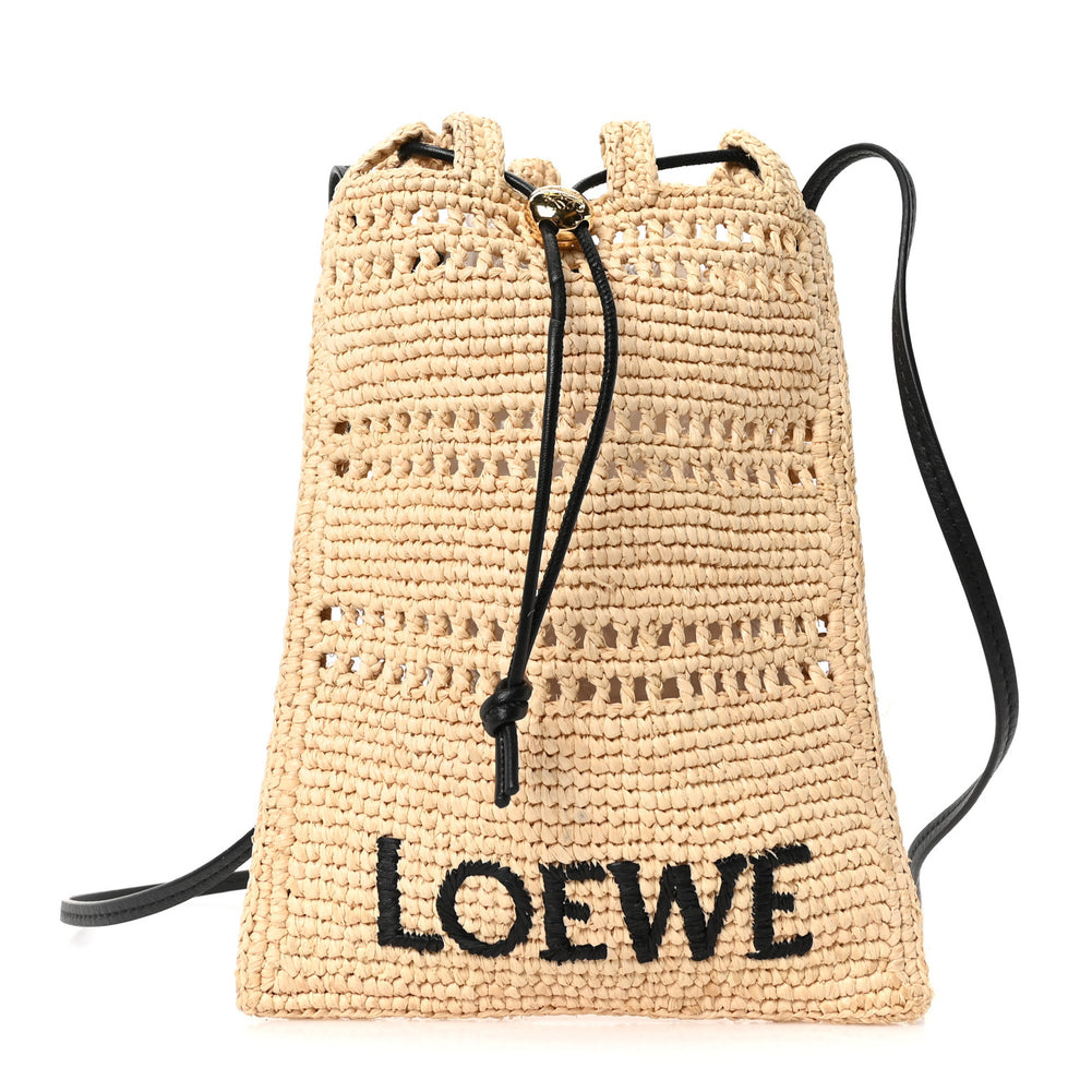 Raffia Logo Drawstring Pocket Crossbody Natural Black