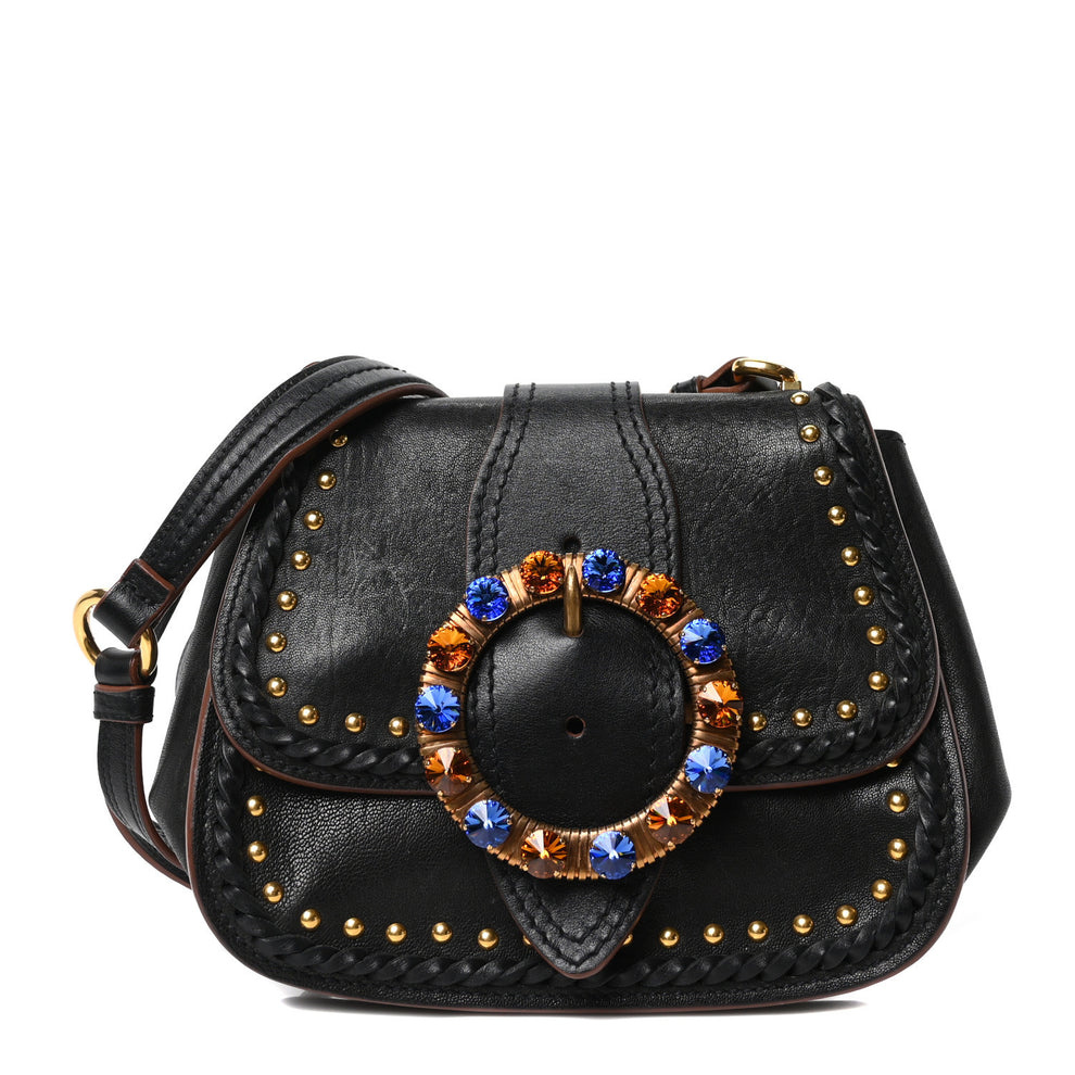 Goatskin Madras Soft Calfskin Crystal Embellished Lady Saddle Black