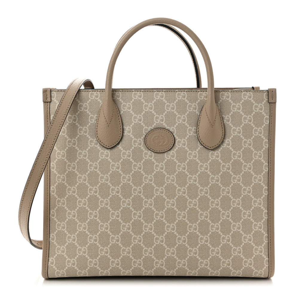 GG Supreme Monogram Textured Dollar Calfskin Small Retro Interlocking G Tote Bag Beige Mystic White Oatmeal