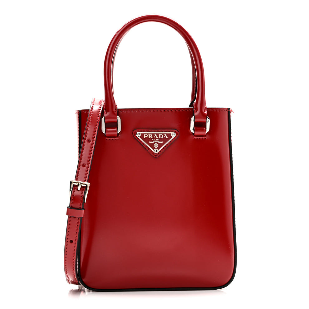 Spazzolato Metal Triangle Logo Small Double Handle Crossbody Tote Scarlatto