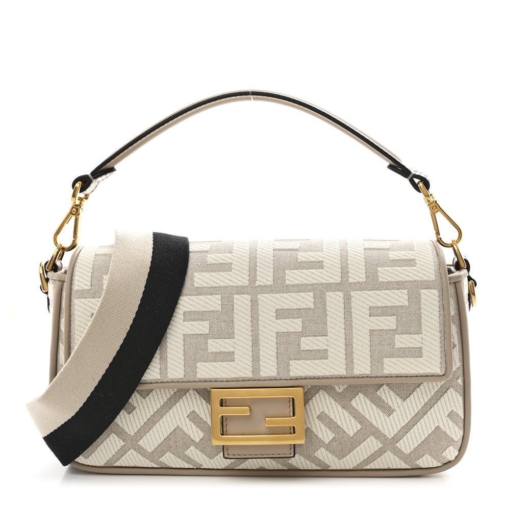 Canvas Vitello King FF Embroidered Baguette Grezzo White Nuvola