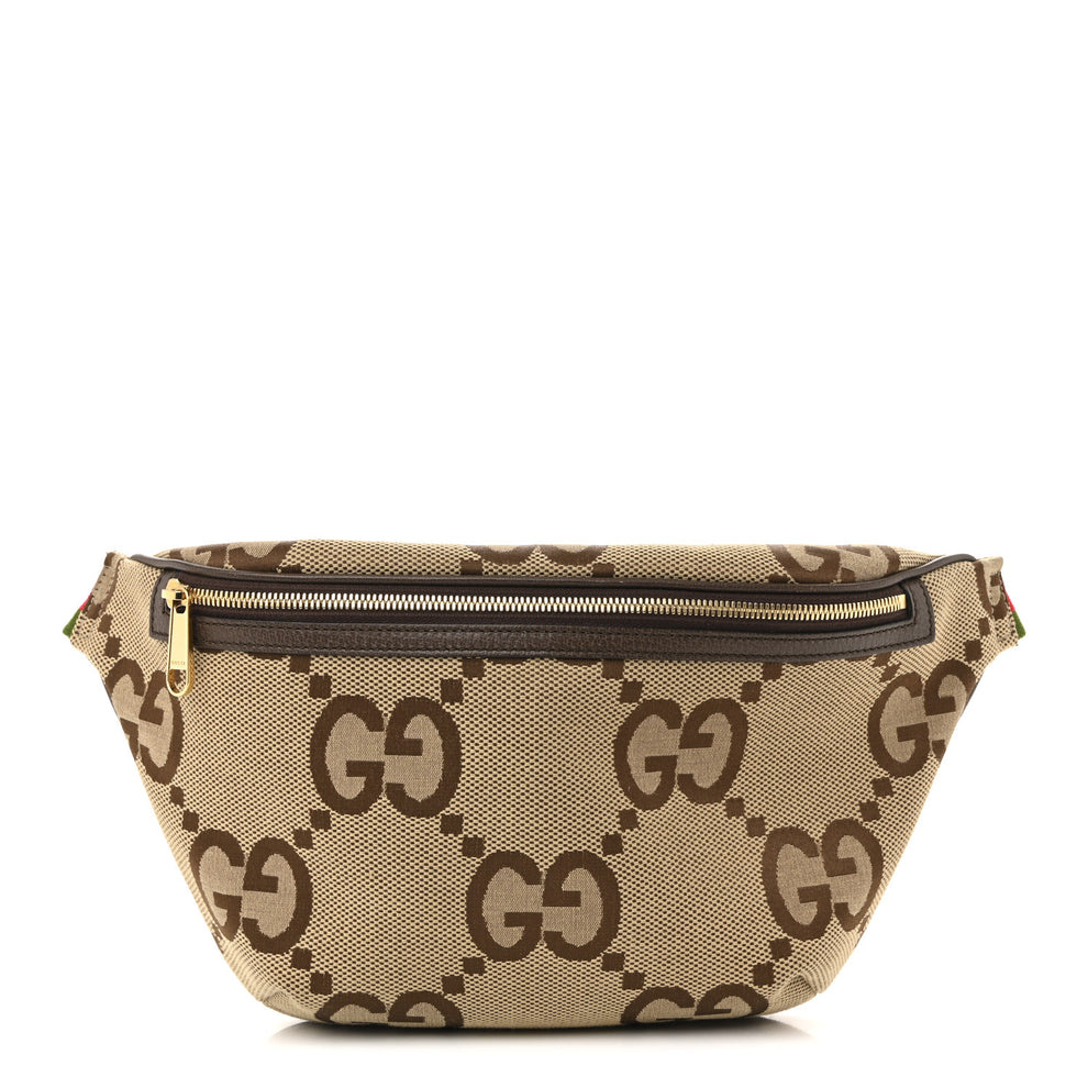 Monogram Jumbo GG Textured Dollar Calfskin Web Belt Bag Camel Ebony New Acero