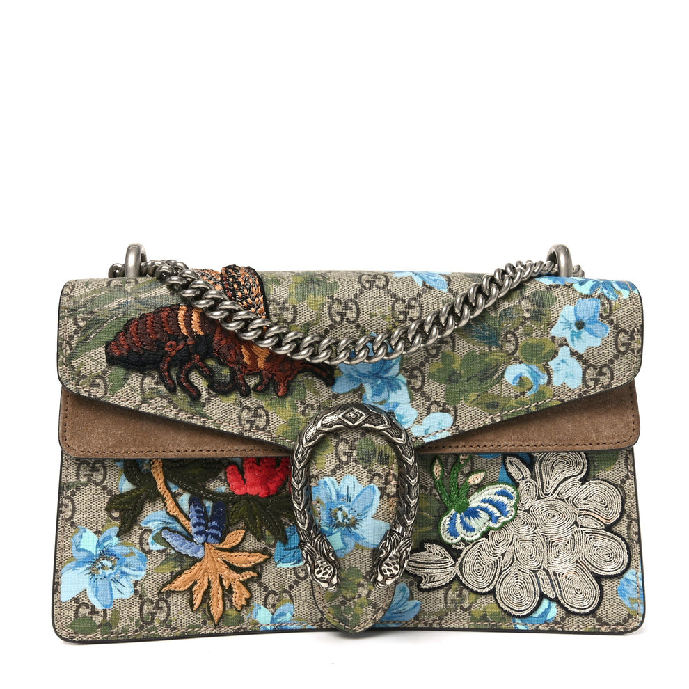 GG Supreme Monogram Blooms Print Embroidered Small Dionysus Shoulder Bag Blue Taupe