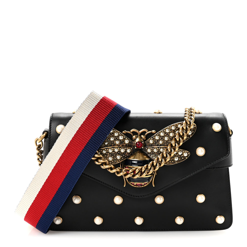 Nappa Pearl Studded Mini Queen Margaret Broadway Shoulder Bag Black