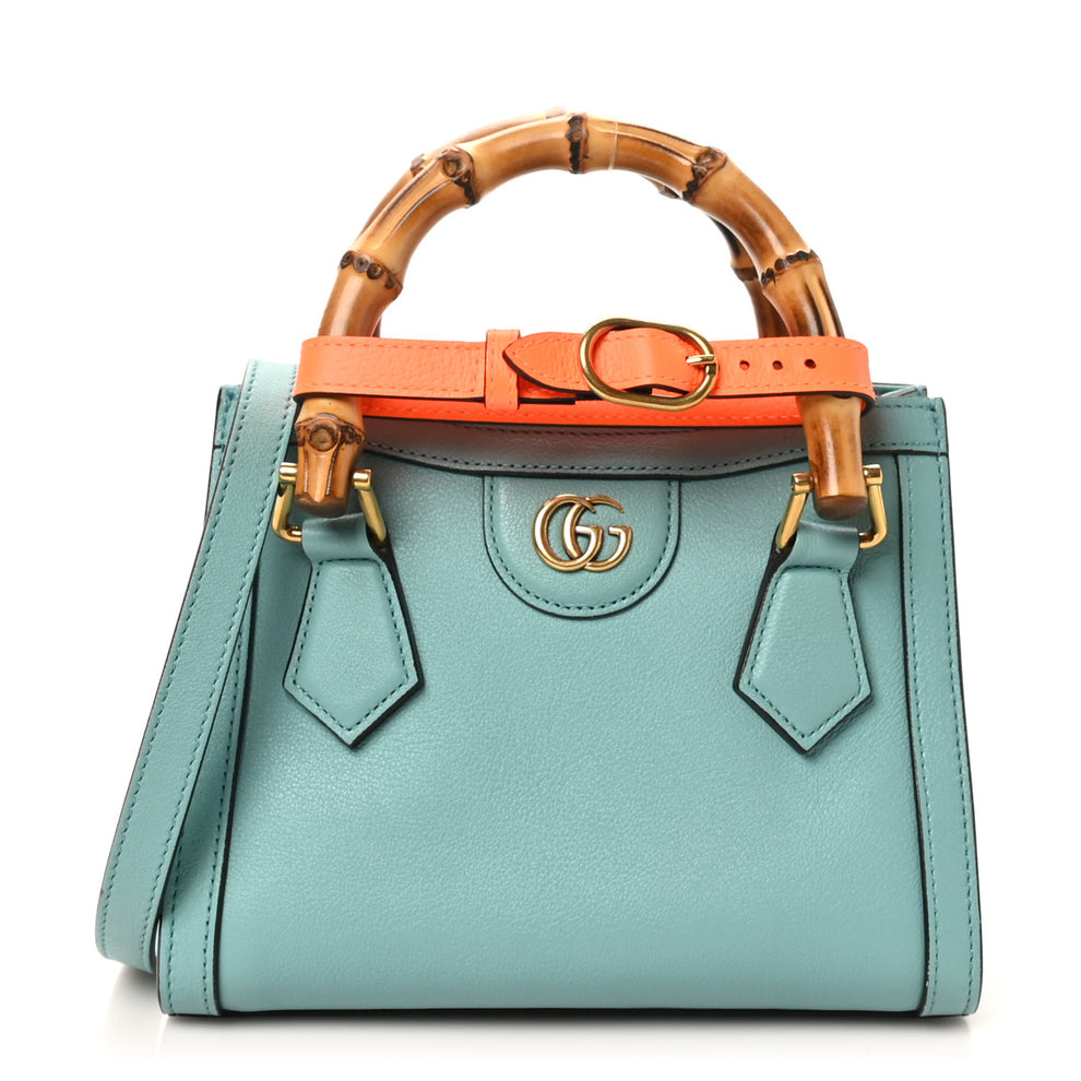 Textured Dollar Calfskin Web Mini Diana Tote Bag Dusty Azure Deep Orange