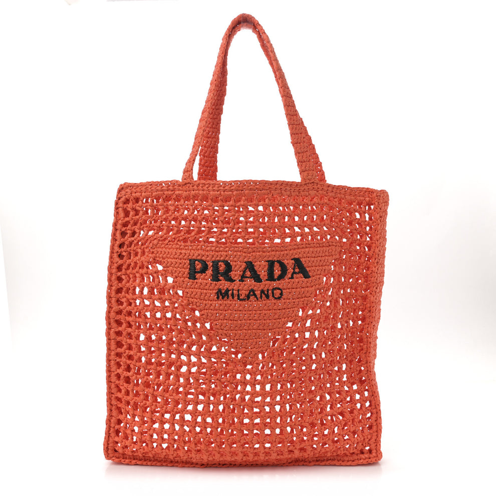 Yarn Raffia Effect Crochet Logo Embroidered Tote Bag Arancio