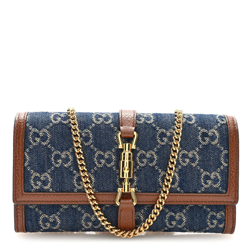New Denim GG Monogram Jackie 1961 Chain Wallet Blue Tea Cuir