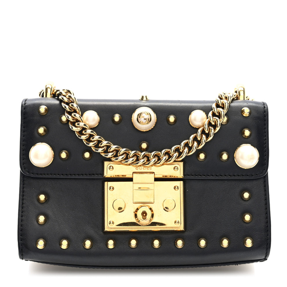Calfskin Studded Small Padlock Shoulder Bag Black