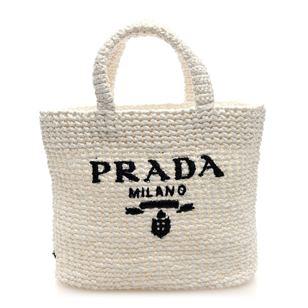 Yarn Raffia Effect Crochet Embroidered Small Logo Tote White