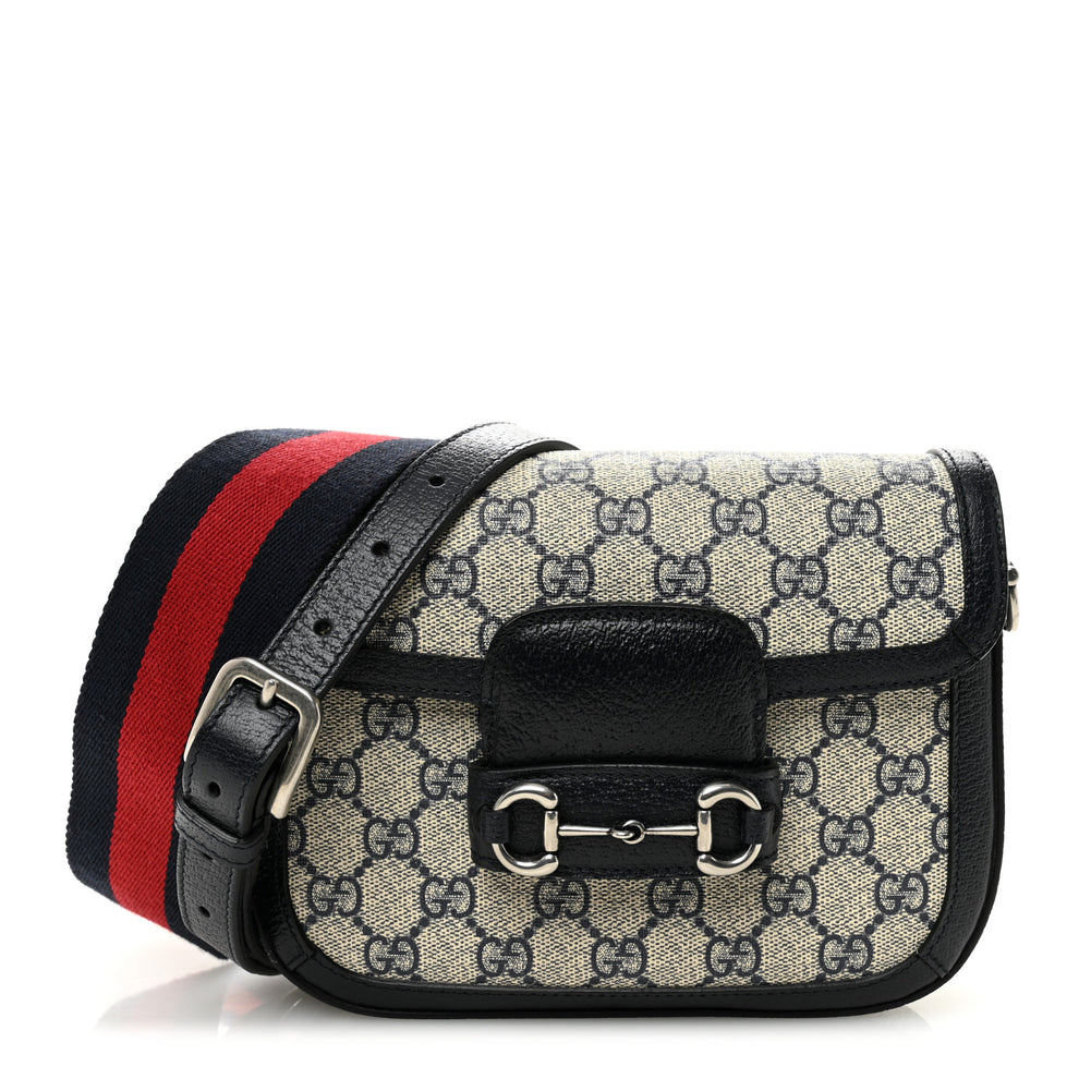 GG Supreme Monogram Textured Dollar Calfskin Web Mini Horsebit 1955 Shoulder Bag Beige Blue