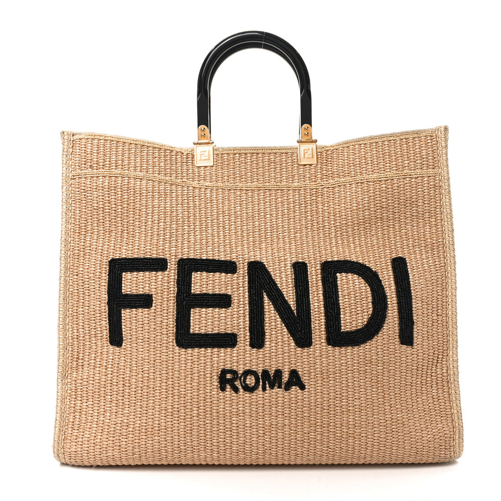 Straw Vitello King Plexiglass Woven Large Fendi Sunshine Shopper Tote Natural Black