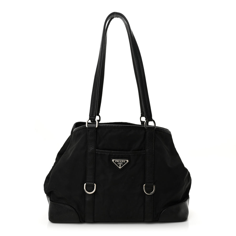 Tessuto Nylon Calfskin Shopping Tote Black