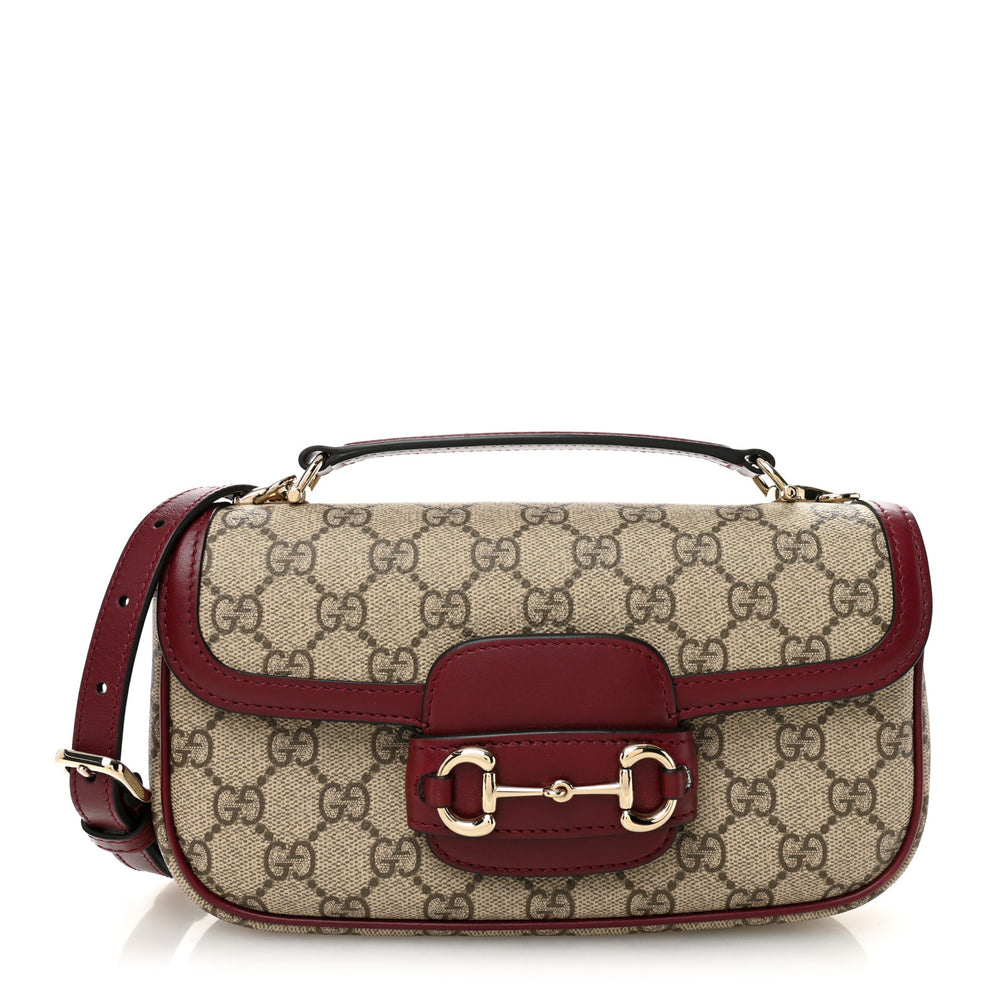GG Supreme Monogram Horsebit 1955 Small Soft Top Handle Shoulder Bag Beige Dark Red