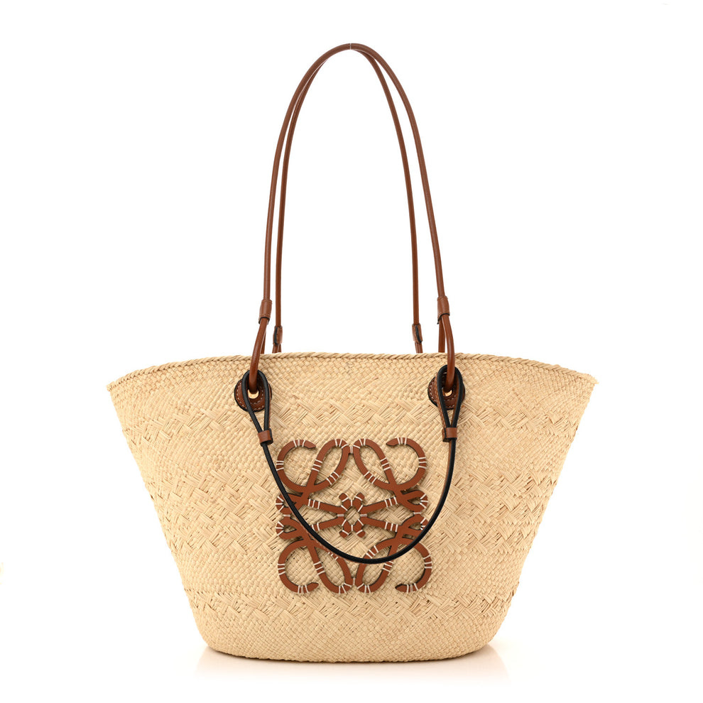 Calfskin Raffia Paulas Ibiza Medium Anagram Basket Tote Bag Natural Tan