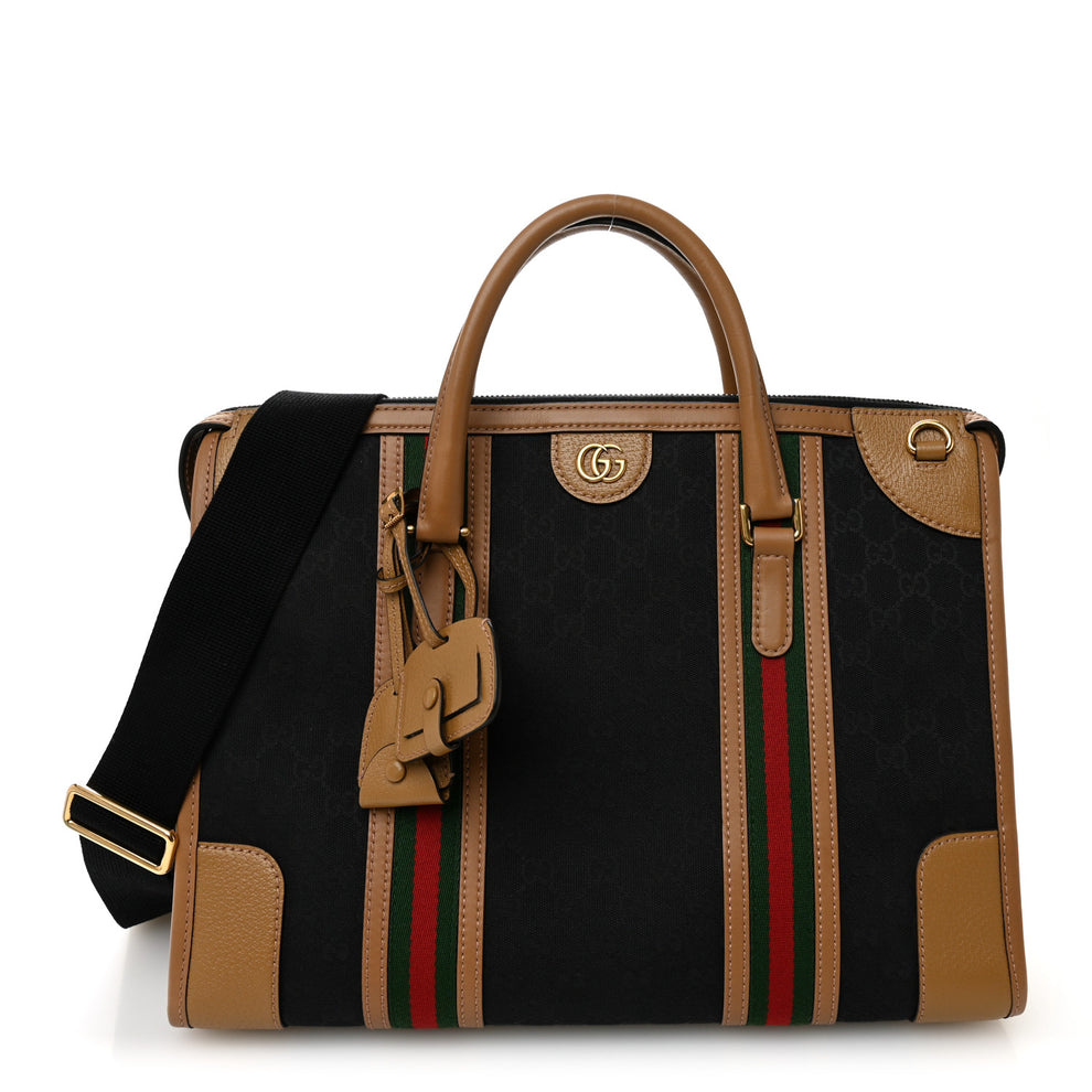 Monogram Textured Dollar Calfskin Web Large Bauletto Duffle Top Handle Bag Black Koi Beige