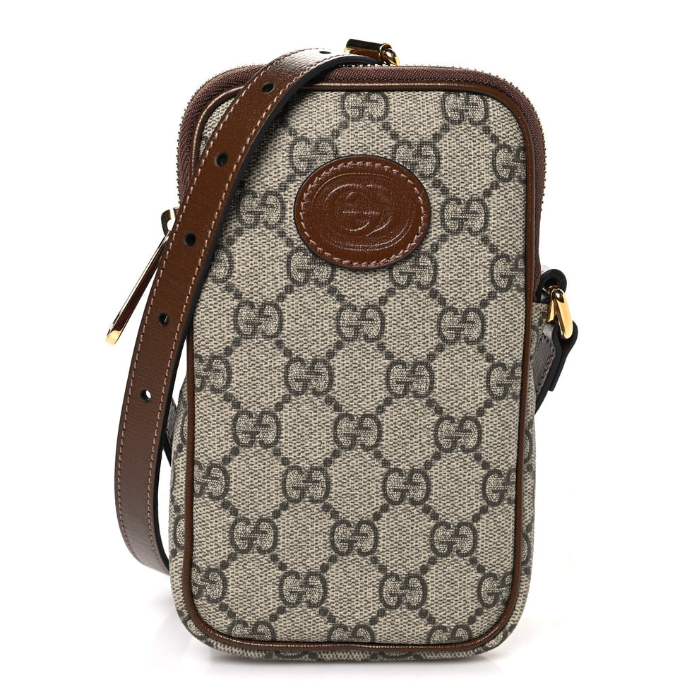 GG Supreme Monogram Textured Calfskin Retro Interlocking G Phone Crossbody Bag Ebony Brown Sugar