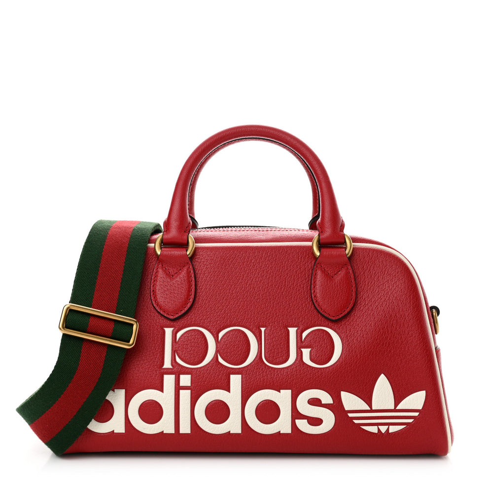 X ADIDAS Textured Dollar Calfskin Web Trefoil Logo Embossed Mini Bowling Bag Red Off White