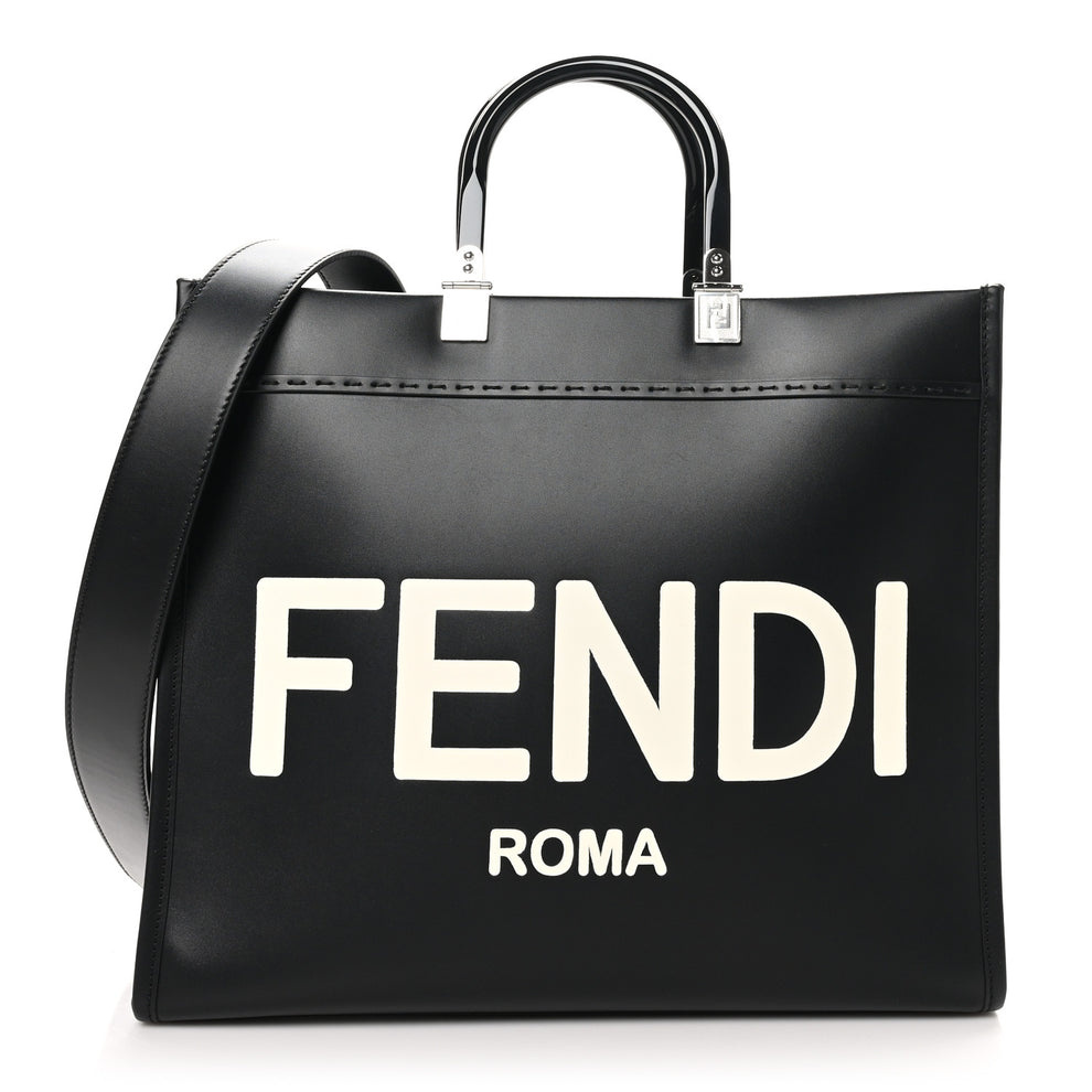 Vitello King Plexiglass Logo Embossed Medium Fendi Sunshine Shopper Tote Black White