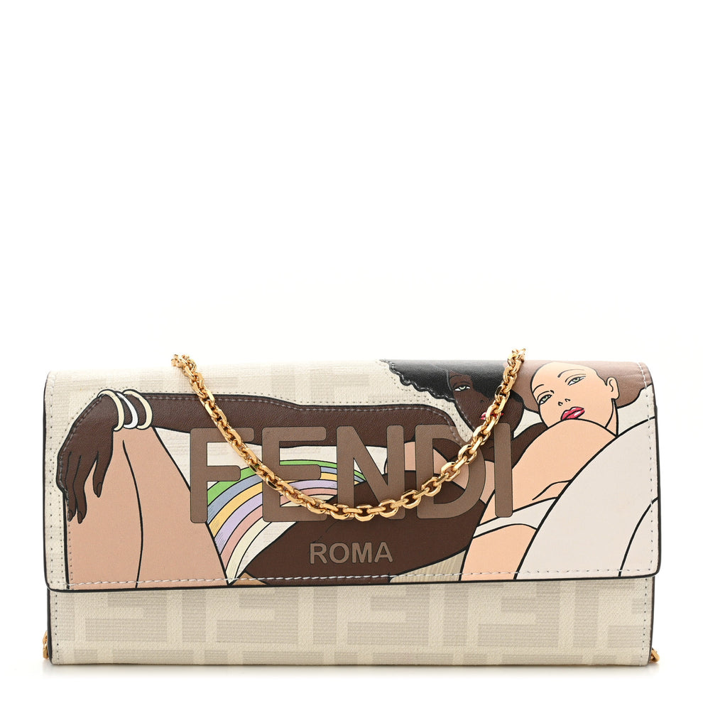 Glazed Fabric Vitello Liberty FF Logo Bikini Girls Inlay Continental Wallet On Chain Bianco Perla Multicolor