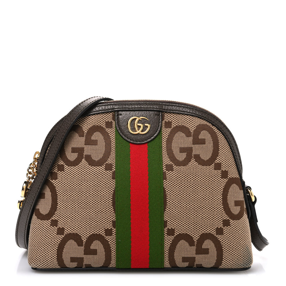 Monogram Jumbo GG Textured Dollar Calfskin Web Small Ophidia Dome Shoulder Bag Camel Ebony New Acero