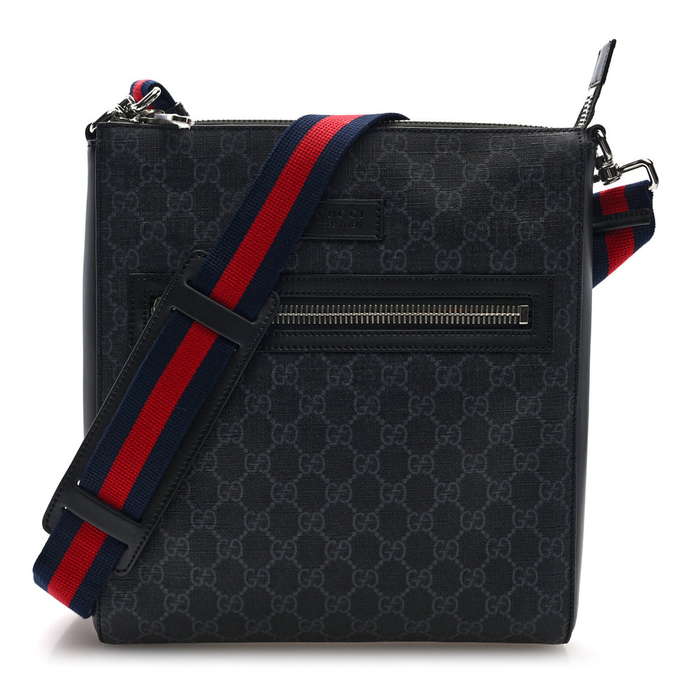 GG Supreme Monogram Appia Calfskin Web Flat Messenger Bag Black Grey