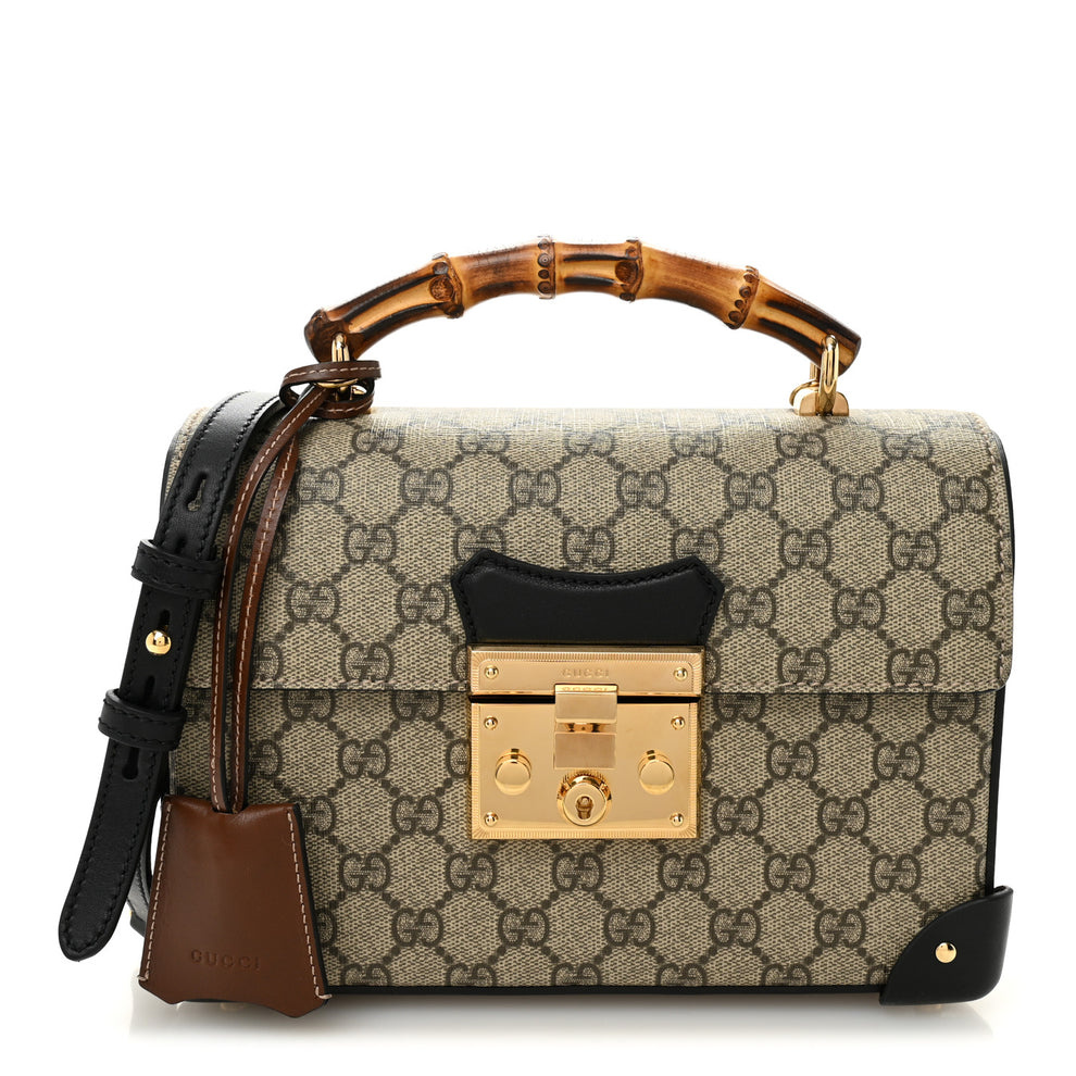 GG Supreme Monogram Small Padlock Bamboo Shoulder Bag Beige Black Cuir